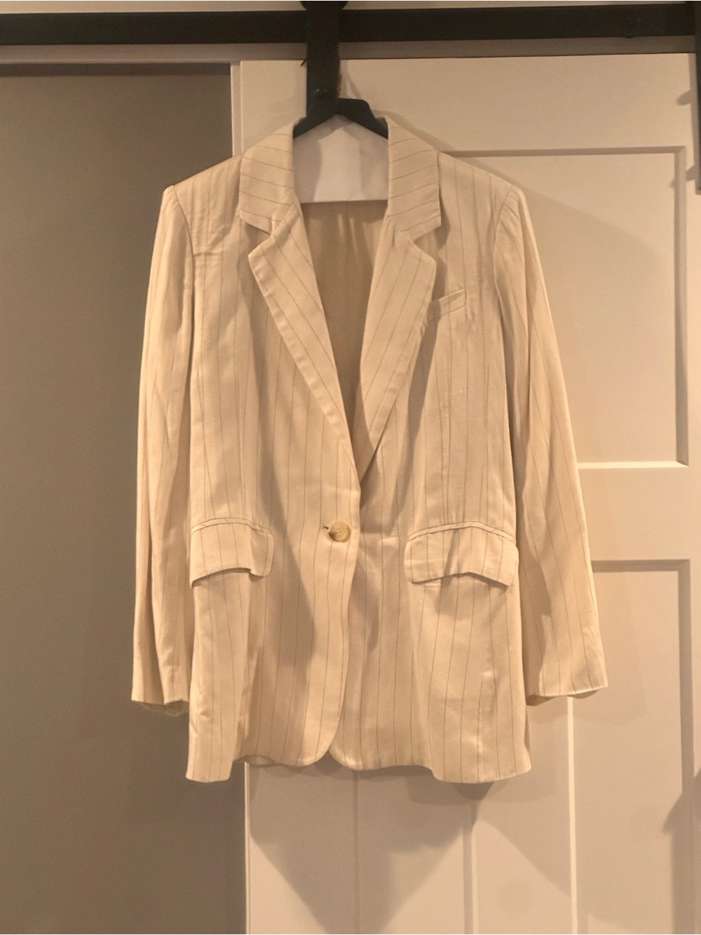 Free People Cream Linen Blend Pinstripe Single-Button Blazer